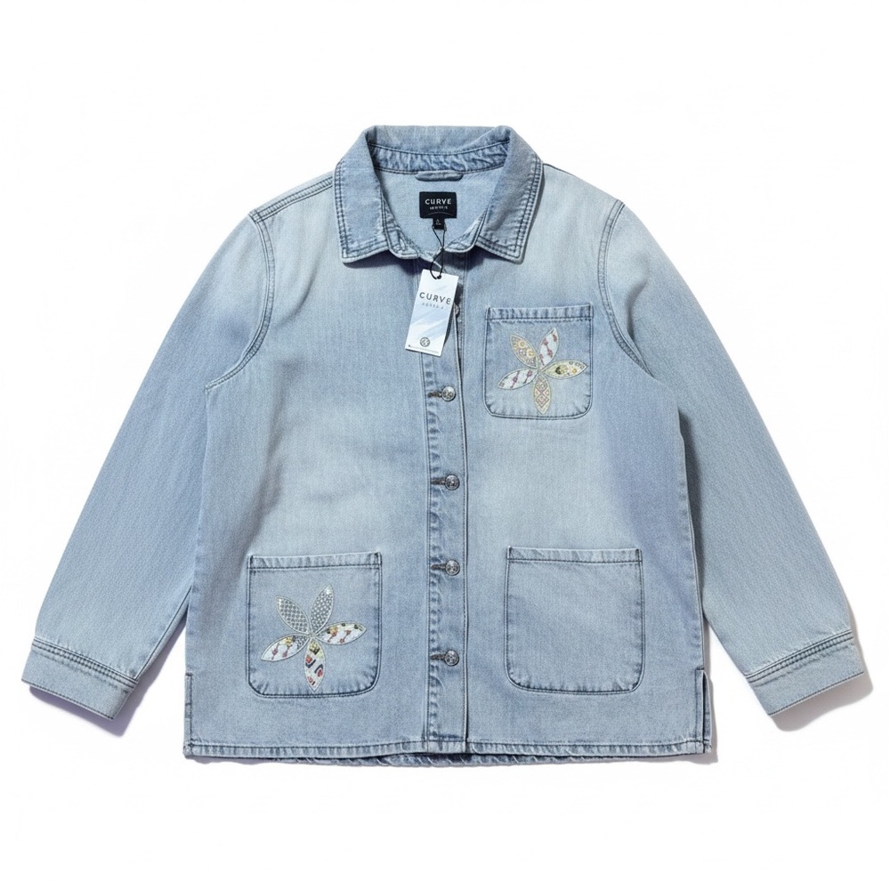 Curve Appeal Light Wash Denim Shacket Floral Patch Button Front Jacket large